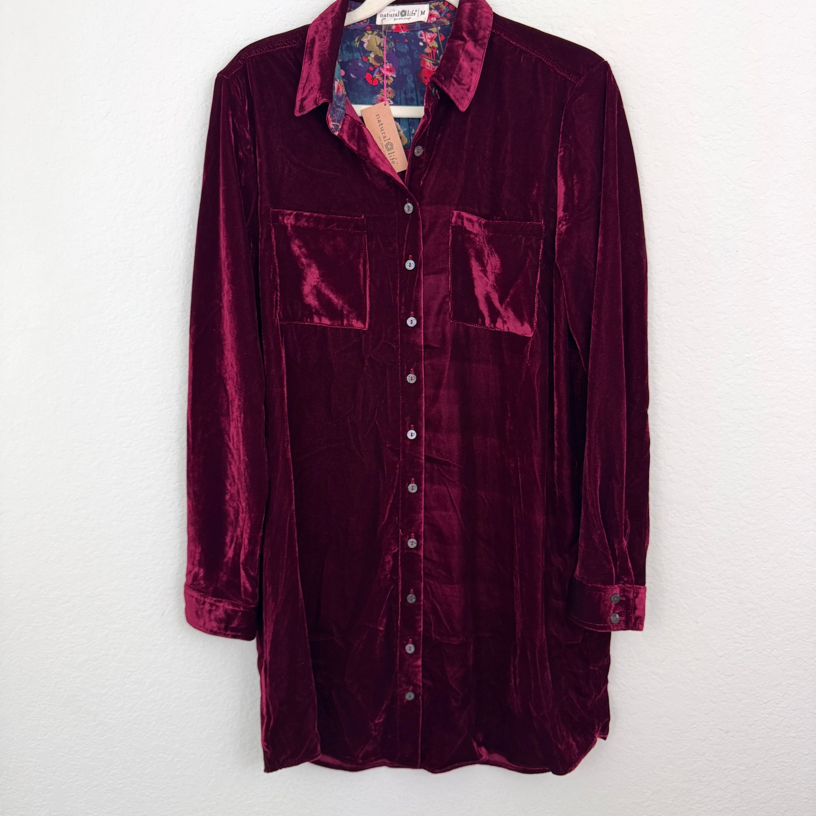 Natural Life Womens Velvet Button Shirt Dress Size M Floral Winter Cranberry Red
